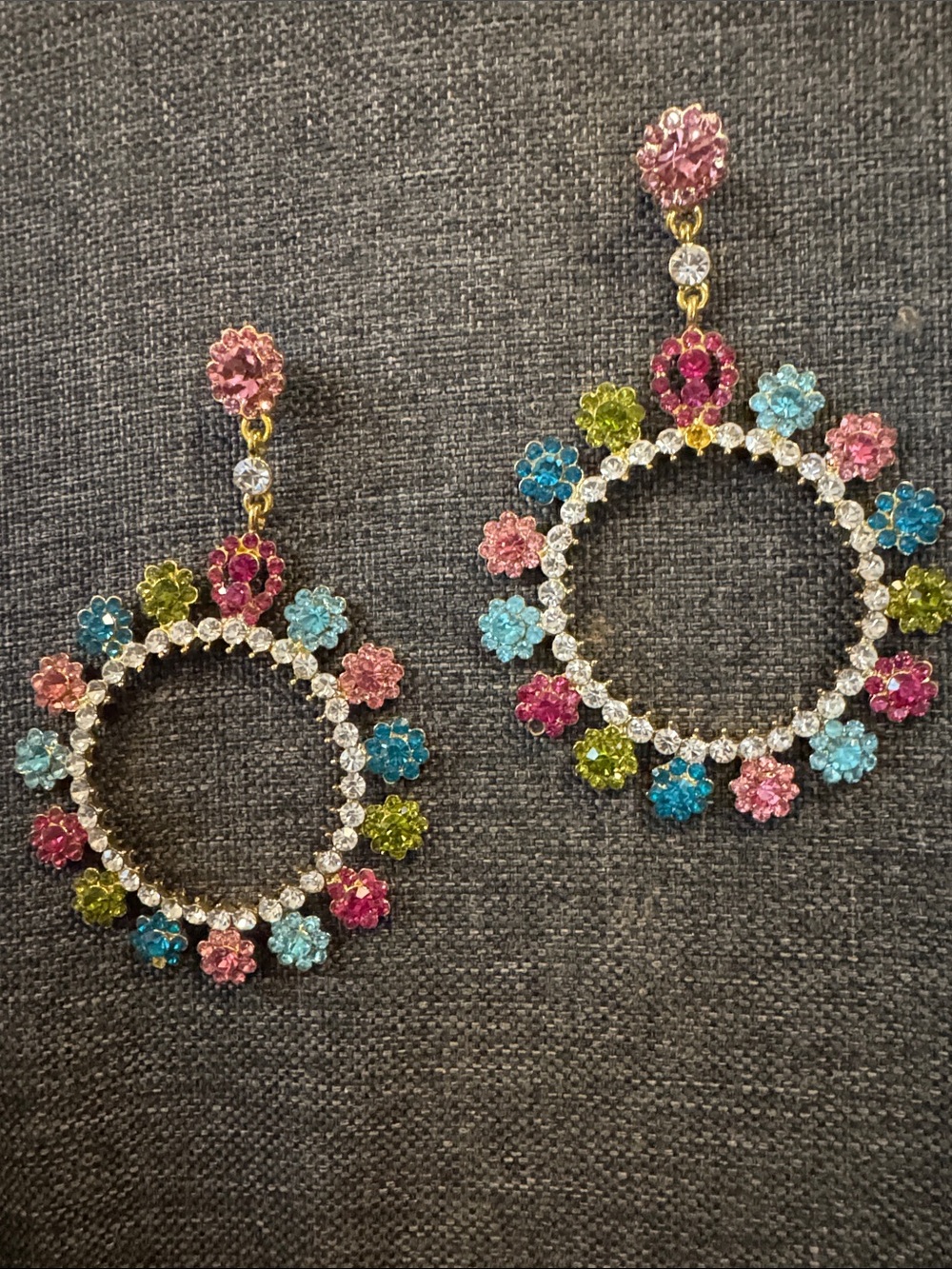 Multicolor Crystal Flower Hoop Drop Earrings - Pink, Blue, Green